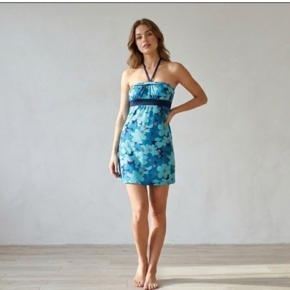 Forever 21 Dresses & Skirts - Forever 21 Teal Floral Halter Mini Dress Blue Coral Summer Beach Sundress Y2K